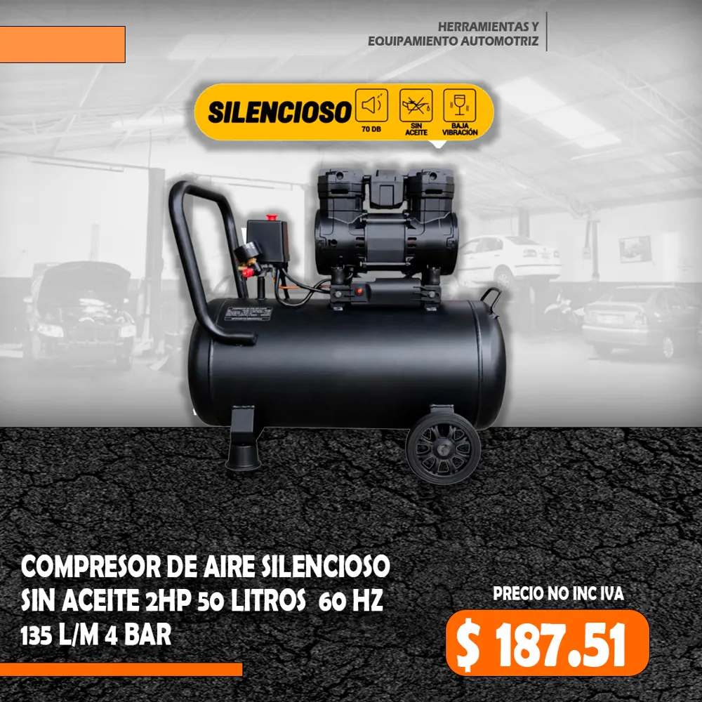Compresor de Aire Silencioso sin Aceite 2HP 50 litros 110v/60 Hz  95 L/min