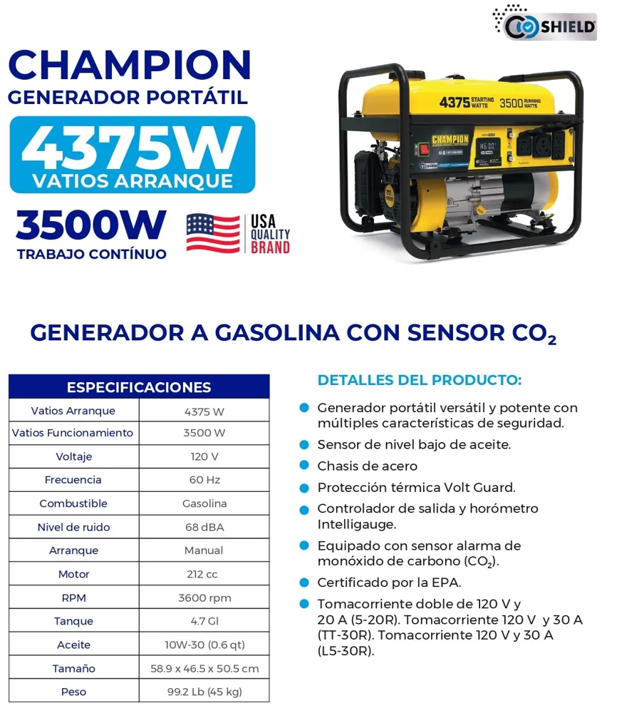 generador a gasolina 4375w sensor co2 champion 1